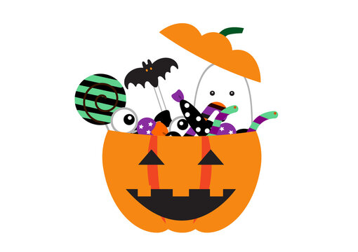 かぼちゃのバケツに入ったハロウィンキャンディーのイラスト