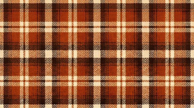 Seamless autumn plaid pattern with warm brown, orange, and cream colors, classic checkered fabric texture for seasonal textile design