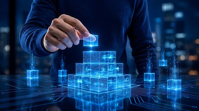 Programmer hand building complex system architecture with glowing digital data blocks and binary code