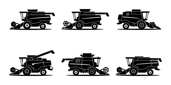 Set of 6 Black Silhouette Combine Harvester Icons, Agricultural Machinery Vector Graphics for Farming and Harvest Themes