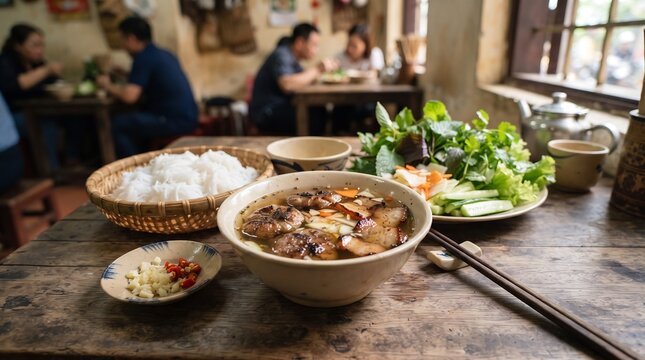 Traditional Vietnamese grilled pork noodle dish on a wooden table