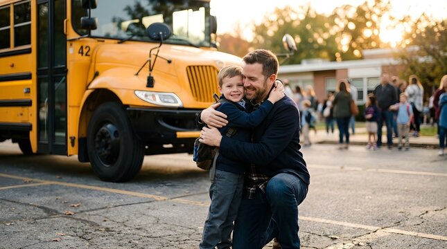 Father hugging young son goodbye at school bus stop in morning light