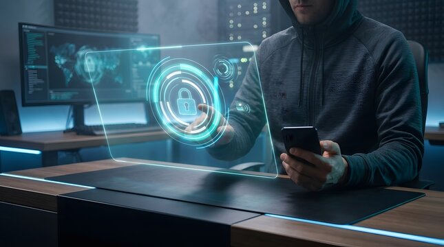 A futuristic depiction of a person interacting with a complex holographic interface showcasing advanced technology and data visualization concepts