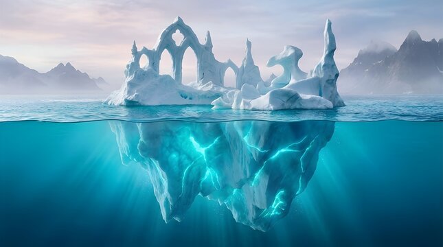 A large iceberg floats in a frigid ocean partially submerged with glowing underwater features