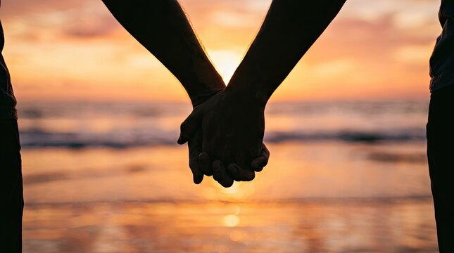 A silhouette of two people holding hands against a beautiful sunset symbolizing connection and enduring affection