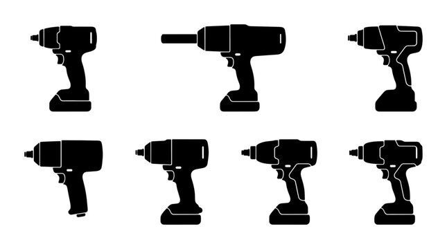 Collection of Black Impact Driver and Drill Silhouettes, Power Tool Icons for Construction and DIY Projects, Vector Set