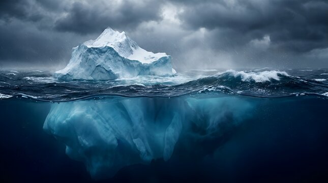 Large iceberg floats amidst turbulent dark blue ocean waters under a stormy sky