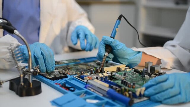 Gloved technician hand soldering components on printed circuit board in factory