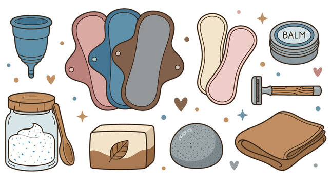 A collection of reusable hygiene items including a menstrual cup cloth pads a razor balm soap pumice stone and a towel