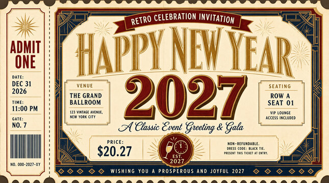 Retro 2027 Happy New Year Celebration Invitation Ticket