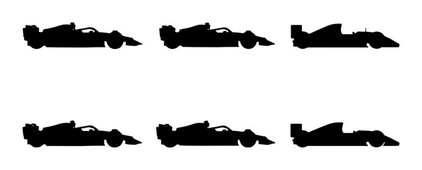 Naklejka premium Formula 1 Racing Car Silhouettes, Speeding Sports Vehicle Icons, Motorsport Vector Graphics, Dynamic Automotive Design Elements