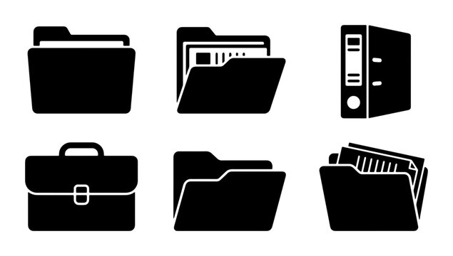 Business Document Organization Icons: Folders, Briefcase, Binder Set, Office Supplies, Archiving, Data Management, Vector Graphics