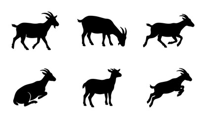Obraz premium Goat Silhouettes Collection, Farm Animal Vector Icons, Livestock Mammal Poses, Agricultural Wildlife Graphics, Rural Farm Life Elements