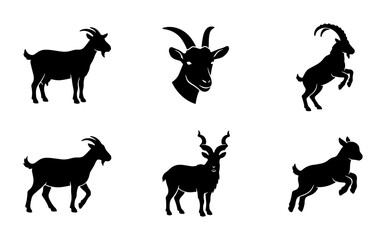 Obraz premium Goat Silhouettes Collection, Farm Animal Icons, Livestock Vector Graphics, Wild Caprine Poses, Black and White Farm Mammal Set