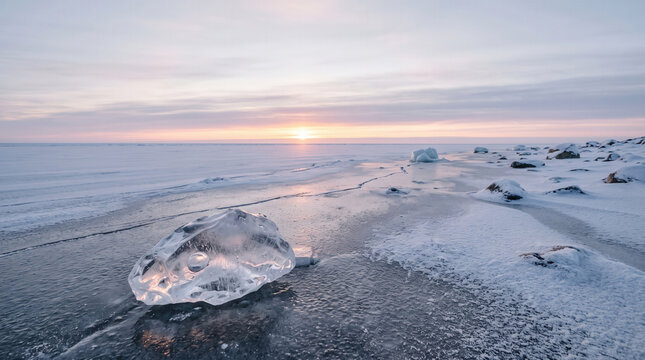 Clear Ice Chunk on Frozen Shoreline Under Pastel Winter Sky