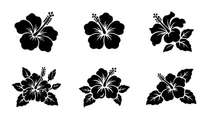 Obraz premium Black Silhouette Hibiscus Flower Icons, Tropical Floral Vector Graphics, Exotic Botanical Elements for Design
