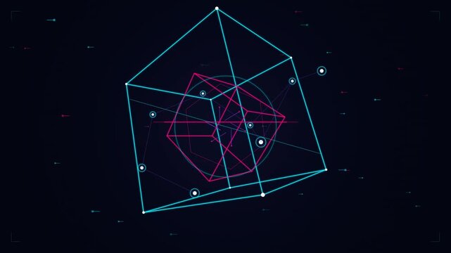 Futuristic Rotating Wireframe Tesseract 3D Geometric Hud Loop