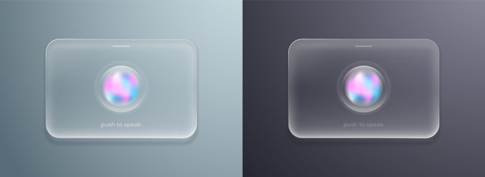 Futuristic liquid glass voice interface with push to speak controls shown in light and dark modes, featuring translucent panels, glowing holographic buttons, and modern UI design.