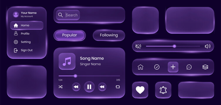 Liquid Glass Music Player Dashboard UI with Purple Neon Glow