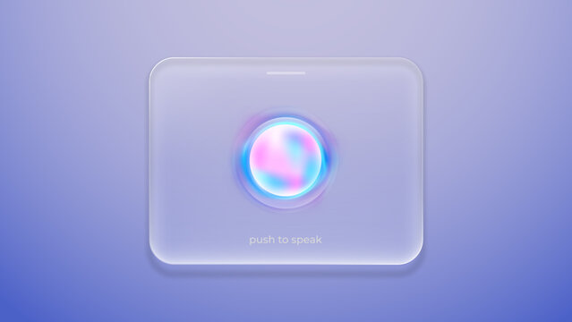 Futuristic liquid glass smartphone interface featuring a glowing colorful gradient voice activation button and push to speak text on a soft blue background, representing AI and voice technology