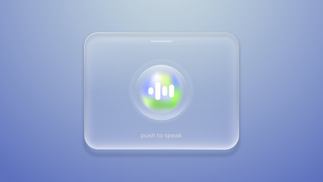 Futuristic liquid glass smartphone interface featuring a colorful glowing audio waveform and push to speak button on a soft blue gradient background, representing AI voice technology