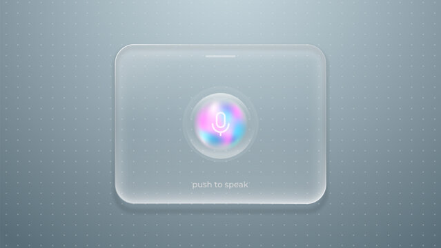 Futuristic liquid glass smartphone interface with colorful microphone icon and push to speak text on a soft blue dotted background, representing voice technology, AI and digital communication