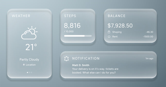 Minimal liquid glass dashboard UI with weather, fitness, finance, and notification widgets featuring translucent frosted glass panels and a soft blue modern interface.
