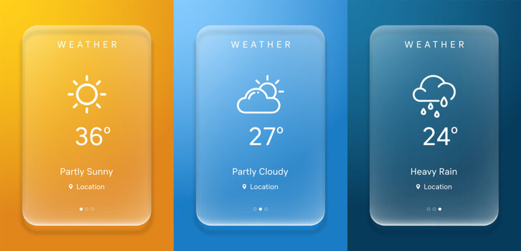Modern liquid glass weather app interface featuring sunny, partly cloudy, and heavy rain forecast cards with temperatures, weather icons, location indicators, and translucent UI design.