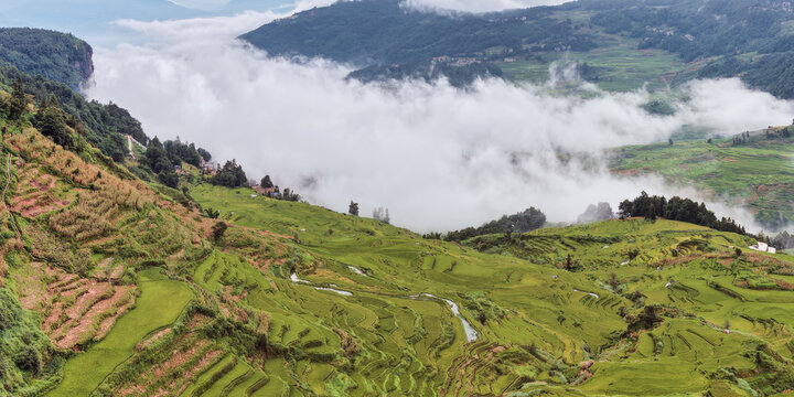 Aerial view of Yuanyang Rice Terraces with lush green tiered fields, water channels, and clouds over the mountains in Honghe Hani and Yi Autonomous Prefecture, Yunnan, China.