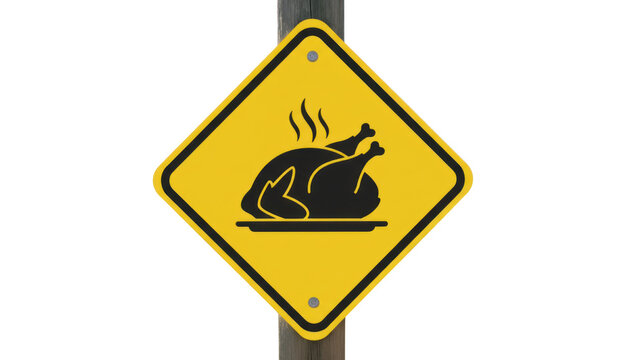 Yellow warning sign with hot roasted chicken icon, black hazard symbol illustration for kitchen safety, heat caution label