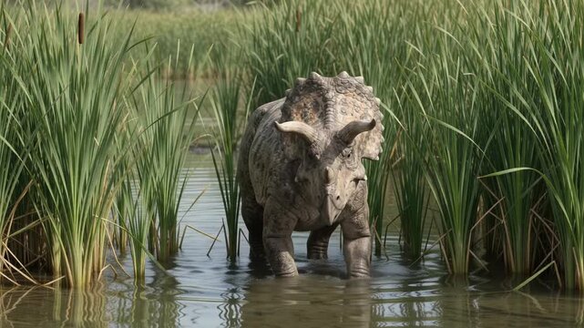 Nasutoceratops Wading Through Reeds in a Shallow Wetland Environment