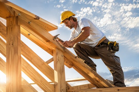 Professional carpenter installing a wooden roof frame on a house under construction. Skilled construction worker using a hammer with safety helmet against a bright blue sky.