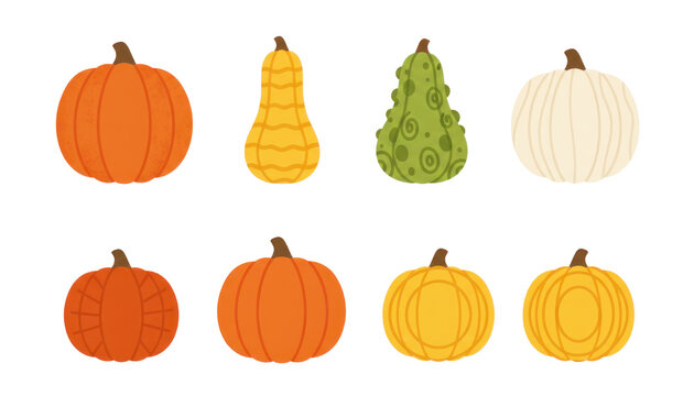 Autumn pumpkin illustration set, orange yellow green white squash icons, flat seasonal harvest design for stickers and web