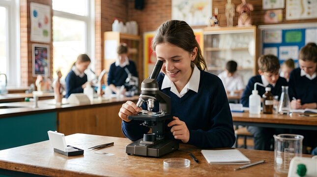 Smiling student using microscope for science experiment in school lab