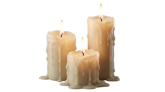 Vintage melting wax candles with flickering flames, group of three burning cream pillar candles, atmospheric warm lighting for spa and wellness isolated PNG with Transparent Background