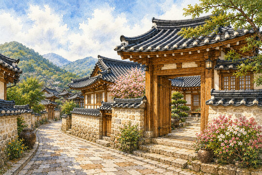 Watercolor illustration of a traditional Korean hanok neighborhood featuring wooden houses, curved tiled roofs, stone walls, landscaped gardens, traditional gates, and green mountain scenery.
