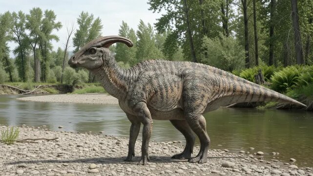 Parasaurolophus Standing On Pebble Riverbank Opening Mouth To Call