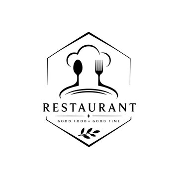 Modern Black and White Restaurant Logo with Cloche, Spoon EPS