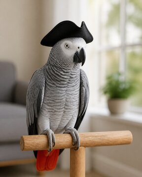 African grey parrot wearing a pirate hat on a wooden perch, vertical orientation