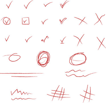 Red Hand Drawn Proofreading Correction Marks, Checkmarks, Crosses and Editorial Annotations Set