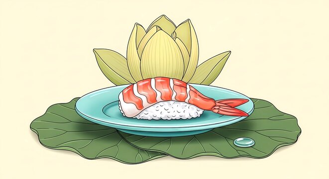 ebi nigiri (shrimp) on a pale turquoise plate, featuring a half open lotus flower in pale yellow, lotus leaves, and a single dewdrop effect on the largest leaf