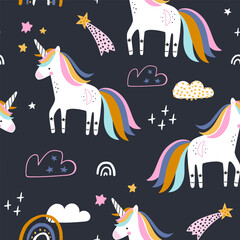 Obraz premium Cute Magical Unicorn Night Sky Seamless Pattern