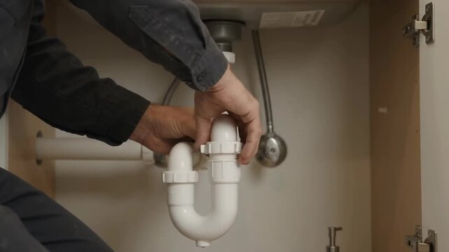 Plumber Tightens A Slip Nut On A White PVC P-Trap Under A Sink