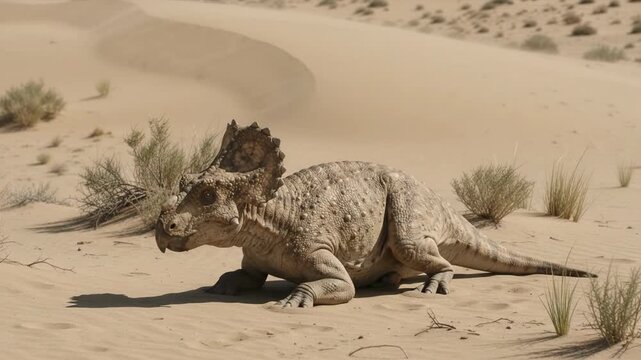 Protoceratops Crouches Down Into The Sand In A Desert Environment