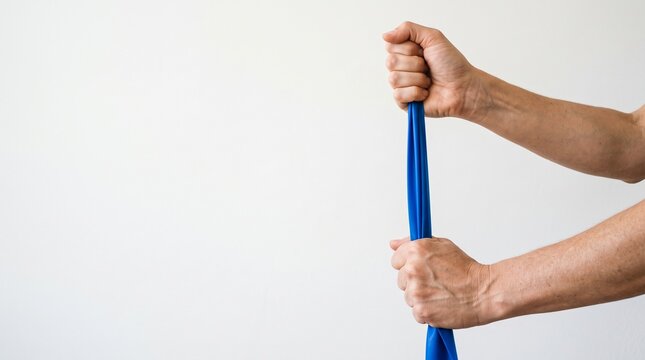 Close up of human hands stretching a blue elastic resistance band