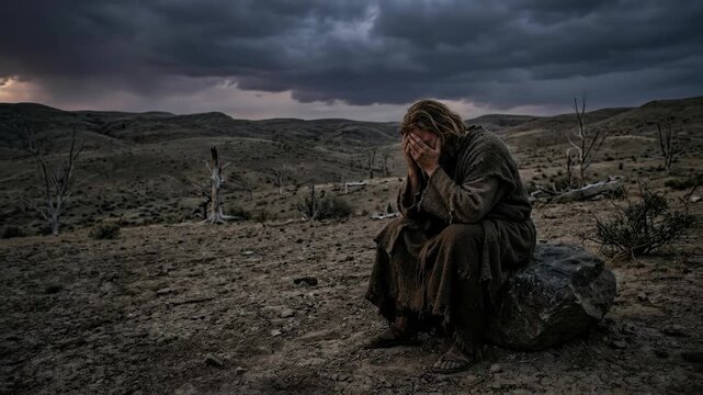 Biblical brother lament: Cain weep, Abel slain, divine consequence, religion story, barren desert, man grieve, scripture text, early human, guilt burden, solitary penance.