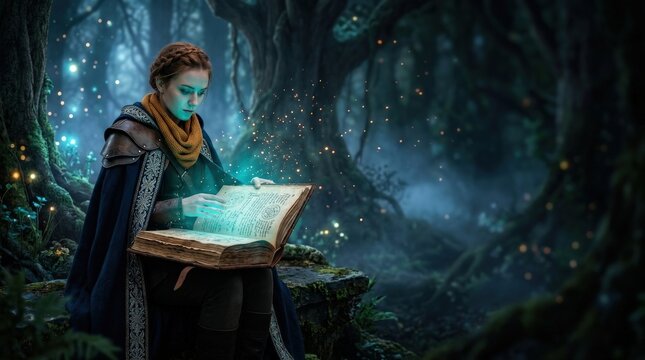 Ancient Spellbook Illuminating a Mysterious Forest Reader