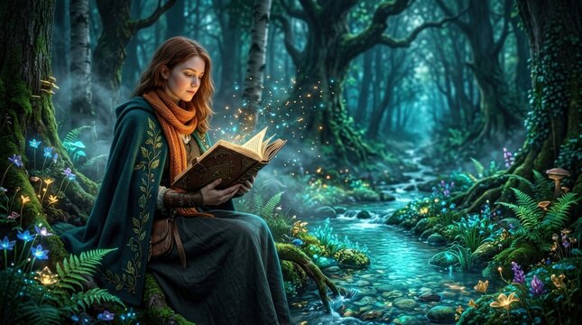 Quiet Fantasy Reader beside Glowing Ferns and Crystal Clear Water