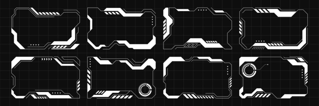 Futuristic HUD Text Box Frames Collection on Dark Grid Background