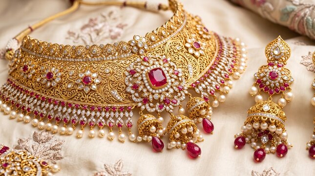 Luxury Pakistani Bridal Gold Jewellery Set - Kundan & Gemstones